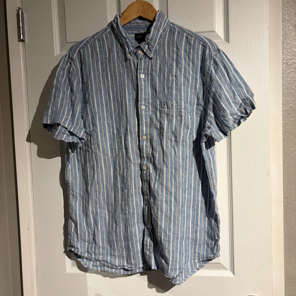 J.Crew Mens XL Short Sleeve Button Down Shirt Blue Multi Stripe Linen Cotton